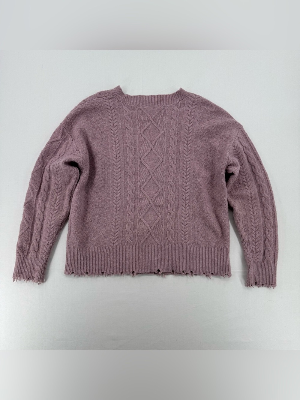 Lucky Brand Dusty Lilac Cable Knit Cardigan Sweater Medium Distressed Hem - Picture 6 of 15